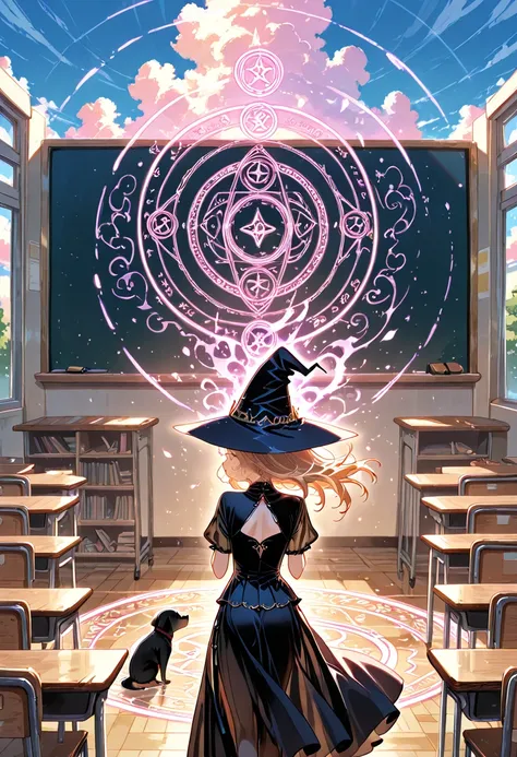 1girl, solo, loli, dog girl,
, long hair, messy hair , cleavage, floating hair, microskirt, witch, witch hat, long dress, black dress, see-through, back cutout, black Puppy, 
happy, closed eyes, 

Drawing a magical circle in the air, hands up, 

spring, da...