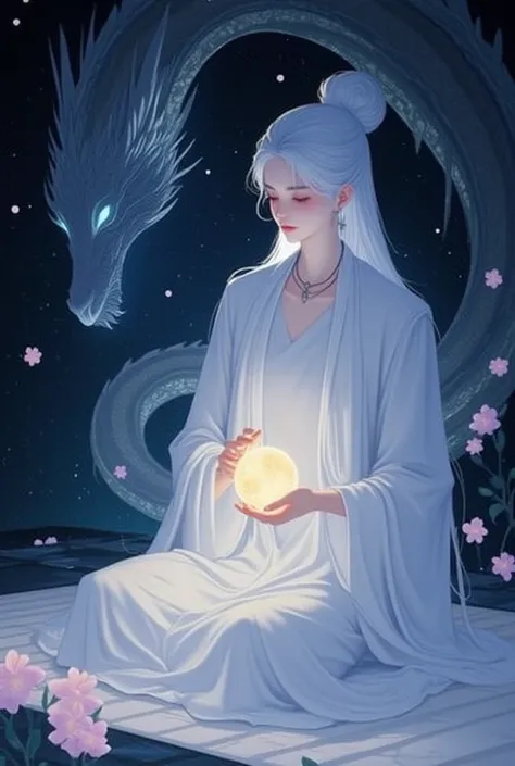 pa311.  a painting or digital artwork with a serene and mystical atmosphere. It depicts a woman in traditional white attire, seated cross-legged on a soft surface, possibly a cushion or mat. She is holding a glowing orb in her hands, which emits a soft lig...