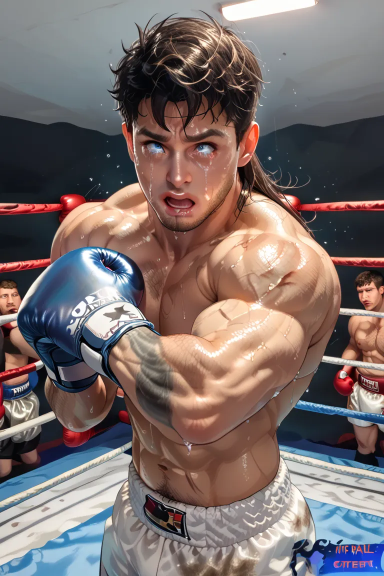 full body 
score_9, score_8_ up, score_7_ up, top quality , masterpiece, Source_ anime zpDxl2 BREAK face punch , pain, turn eyes,,,,,,, Standing outside , leaning against a boxing ring , lean against the ropes , arm pressed against boxing ring, Close your ...