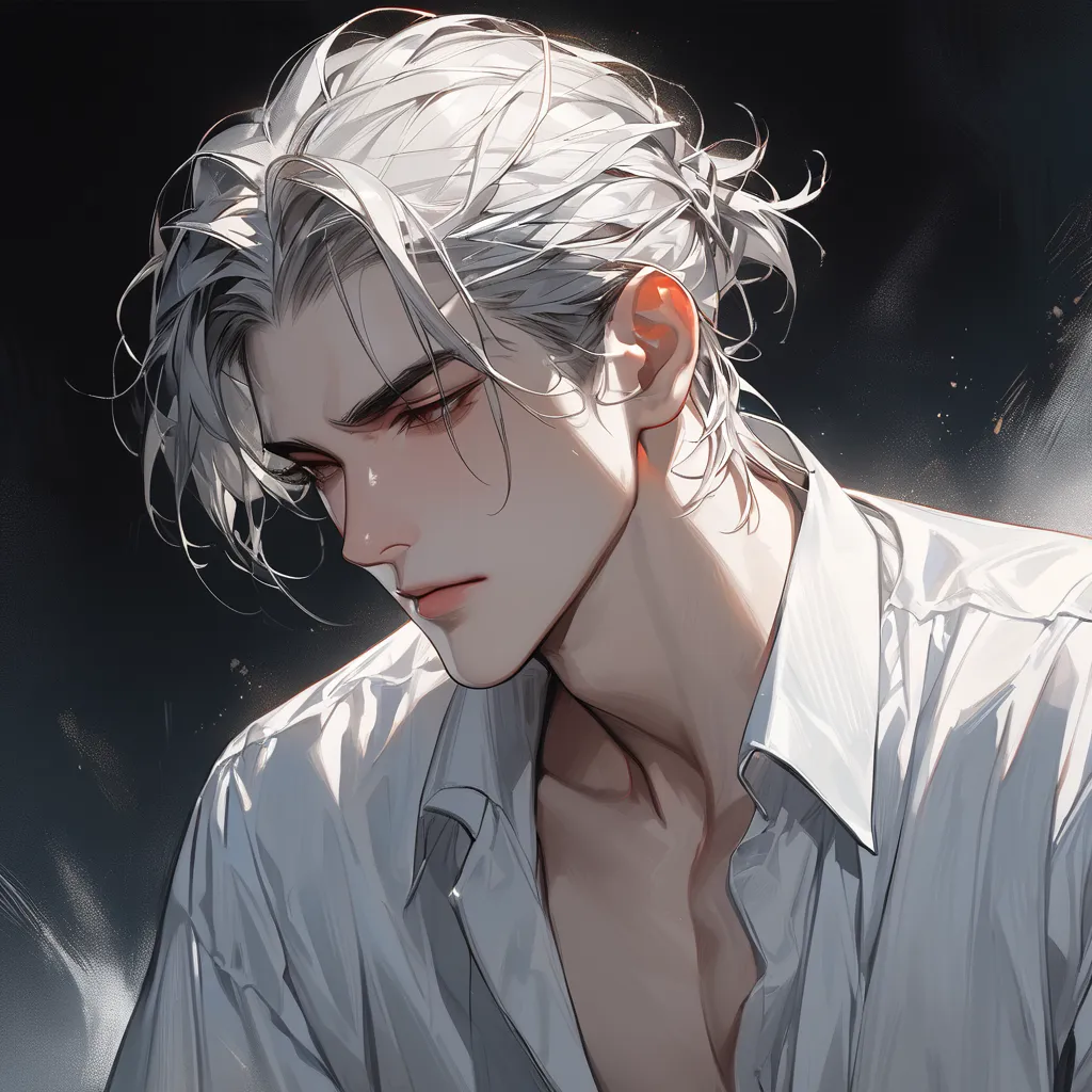 Hi-Res, masterpiece, anatomically correct, accurate, Best Quality, high definition model, very detailed, Ultra High Definition, 陶器のような肌 繊細な色使い handsome 成人男性  Silver Hair 前髪がセンター分けで後ろ髪は長くてクルクルと巻かれている, the white kimono is the composition is the upper body on...