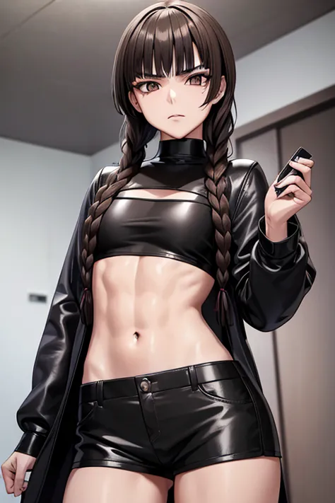 aayoshino, long hair, twin braids, brown eyes, hair over shoulder　 sharp eyes　black eyeshadow　Black lipstick　 abs　　Leather long coat　leather shorts with front opening　mini t shirt　Japanese-style room　Stealing　criminal　 Midnight　Snickers　random suspect　Cold...