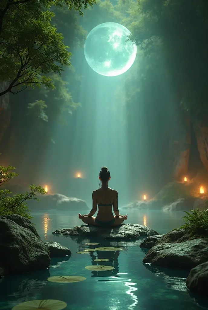 Meditative Vibes – A silhouette of a person meditating with a glowing aura, a lotus flower, or a peaceful moonlit night.