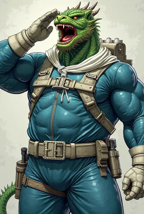 (A rugged beefy extremely muscular bulky snarling green old chinese dragon), (wearing blue fully-zipped fullbody wetsuit that cover his whole arms), saluting, wearing white bulky harness, wearing bulky scuba gear, wearing white hero scarf, muscular physiqu...