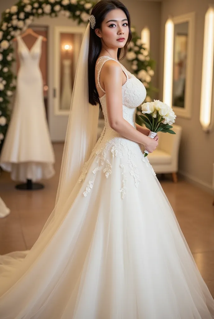 "A graceful young bride stands in a luxury bridal boutique, wearing an intricate lace-embroidered wedding gown with a structured A-line silhouette and tulle train. Pearls and crystal embellishments adorn the neckline. Softly lit fitting mirrors and hanging...