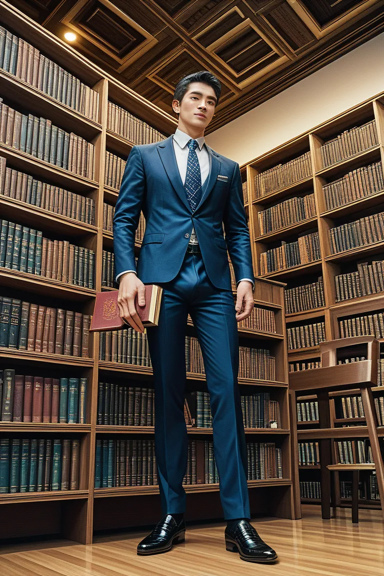 a japanese man,tall,slender,black hair,businessman,leather shoes,suits,bulge,low angle,twenties,in the dark library,looking for a book,