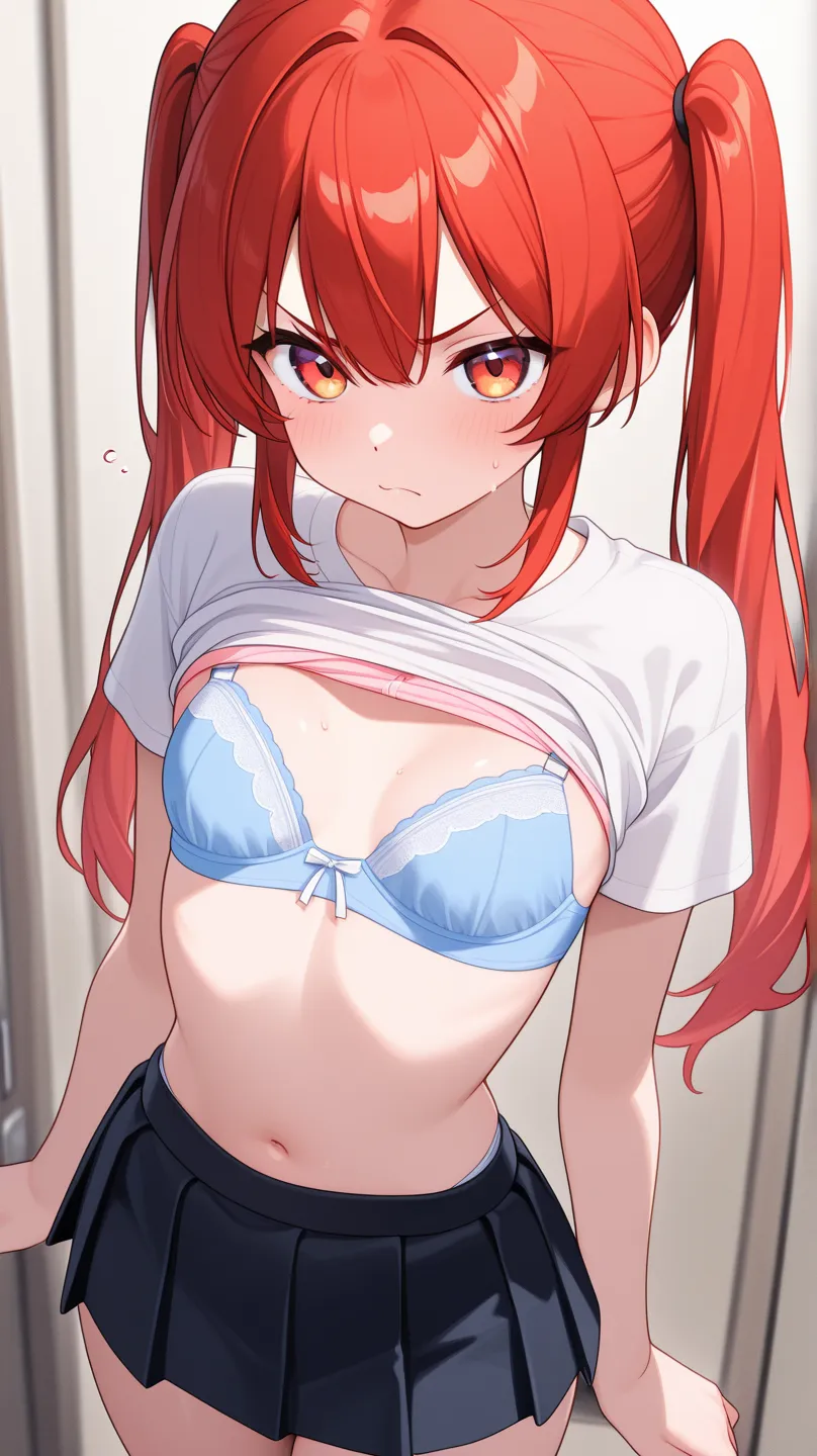 Lift clothes to chest、 long twin tails、 slightly angry face、 small breasts、 bra、 look at this sideways 、miniskirt、 panties visible 、I'm putting  on my chest、Sperm is poured on