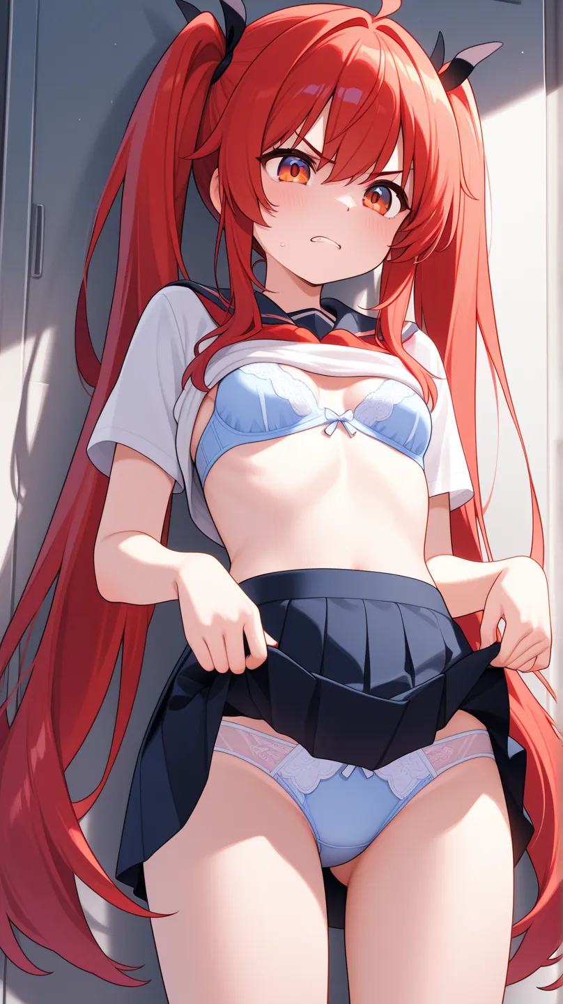 Lift clothes to chest、 long twin tails、 slightly angry face、 small breasts、 bra、 look at this sideways 、miniskirt、 panties visible 、I'm putting  on my chest、Sperm is poured on