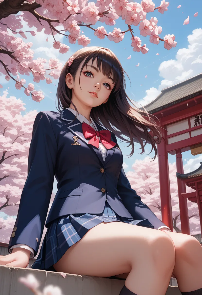 score_9, score_8_up, source_anime, very aesthetic, anime_coloring, from_below, 1girl, sitting, head_tilt, detailed_eyes, perfect_eyes, serene_expression, school_uniform, outdoors, cherry_blossoms