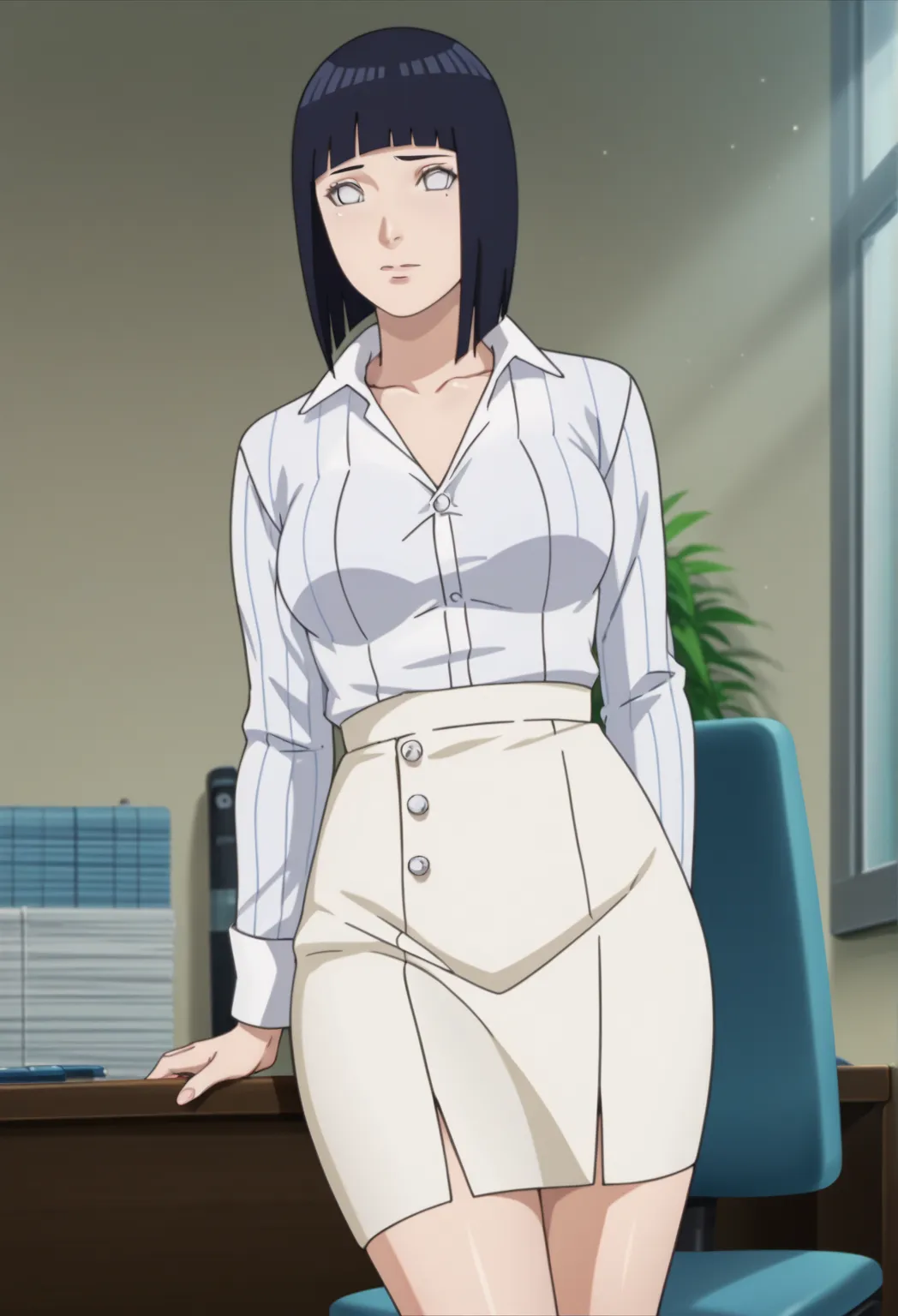 source_anime,screenshot de anime,anime coloring,intricate details,masterpiece,
  uncensored,
  mature female,
Hinata, Black hair, 1 , short hair, Medium breasts, fringe, blunt fringe,white eyes, defined eyes,((white dress shirt)),perfect anatomy, (straight...