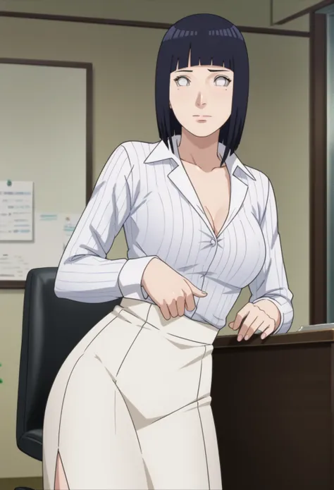 source_anime,screenshot de anime,anime coloring,intricate details,masterpiece,
  uncensored,
  mature female,
Hinata, Black hair, 1 , short hair, Medium breasts, fringe, blunt fringe,white eyes, defined eyes,((white dress shirt)),perfect anatomy, (straight...