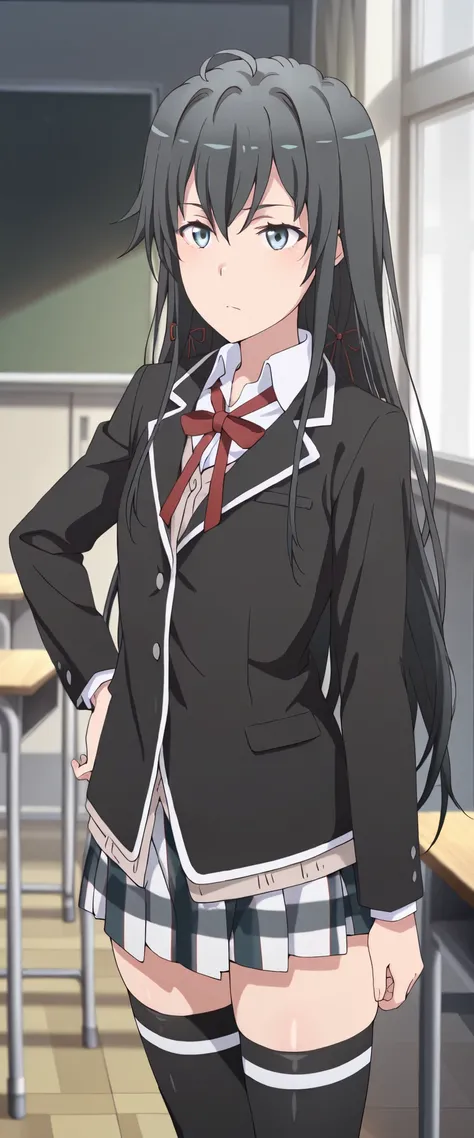 masterpiece, best quality, highres, 1girl , solo ,yukinoshita yukino, long hair, ahoge, hair ribbon, school uniform, neck ribbon, collared shirt, blazer, black jacket, long sleeves, plaid skirt, black thighhighs, classroom, hand on hip, standing