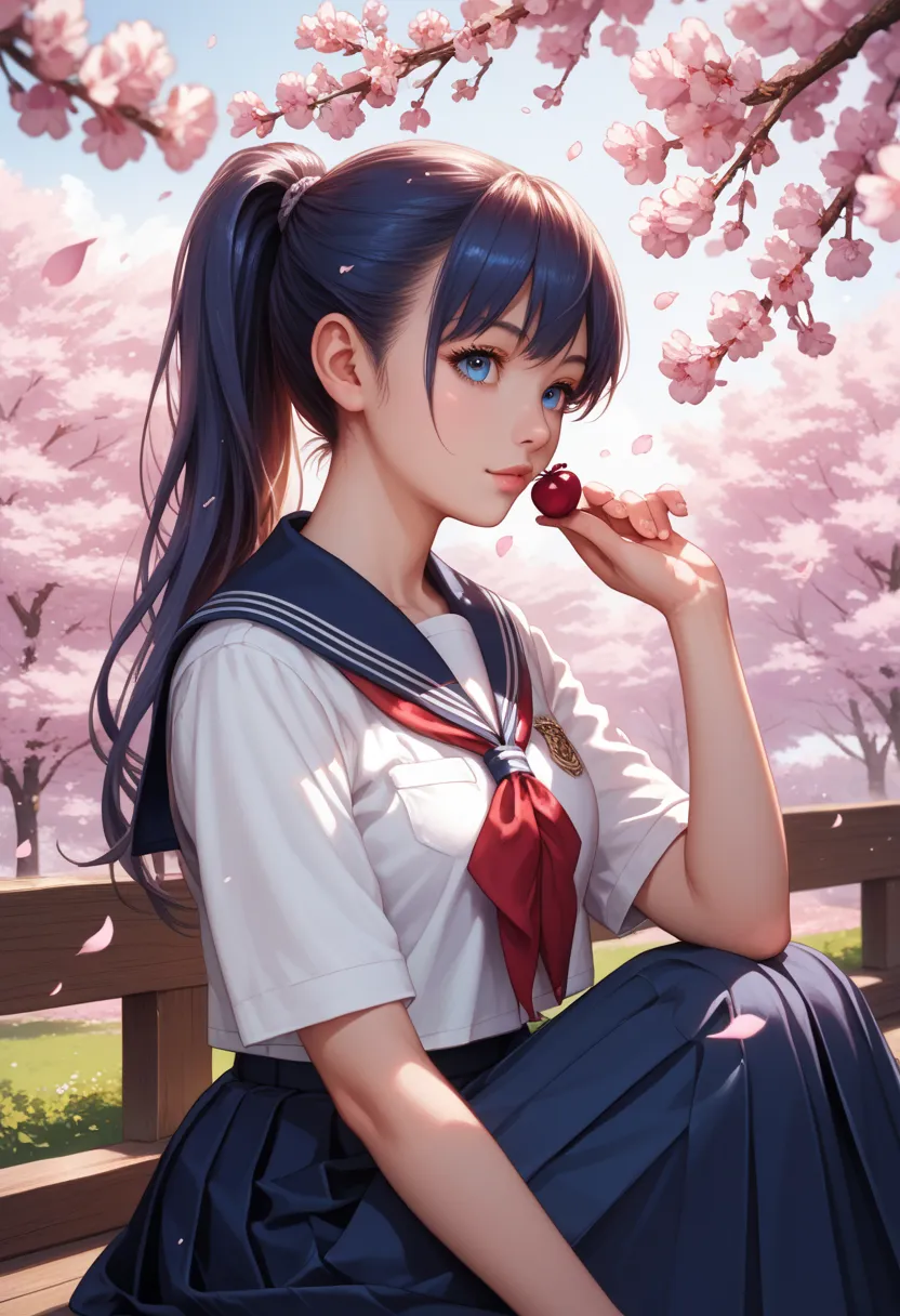 score_9, score_8_up, source_anime, very aesthetic, anime coloring, portrait, 1girl, ponytail, long_hair, blue_eyes, detailed_eyes, beautiful, perfect_eyes, sitting, arms_up, blue_hair, school_uniform, outdoor, cherry_blossoms, petals, detailed_background