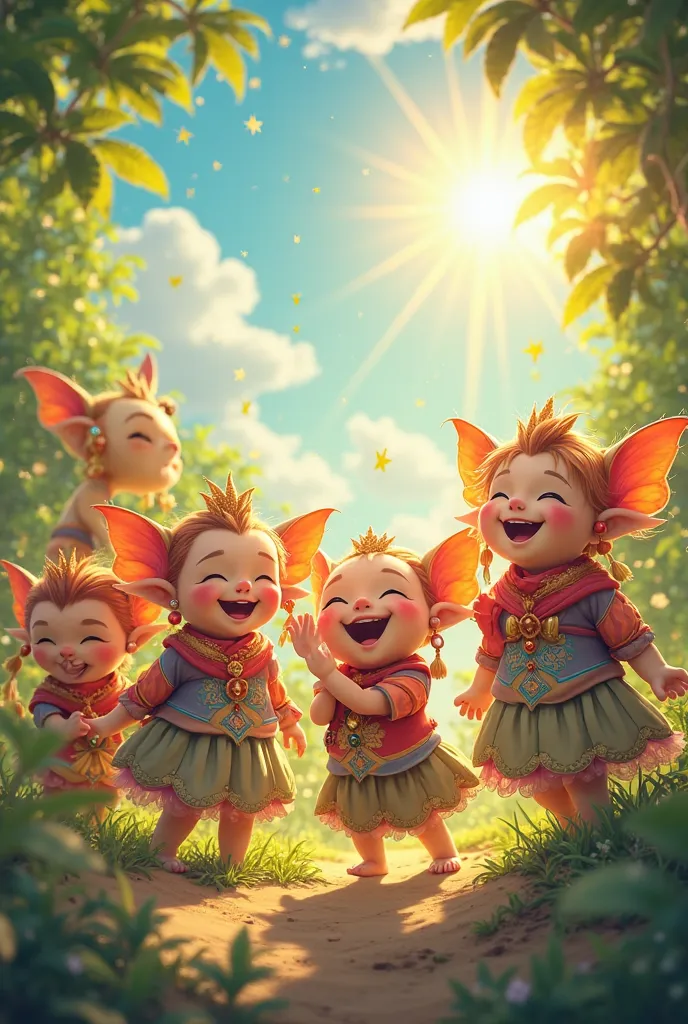 A group of joyful ren laughing under the golden sunlight, their eyes sparkling with innocence.