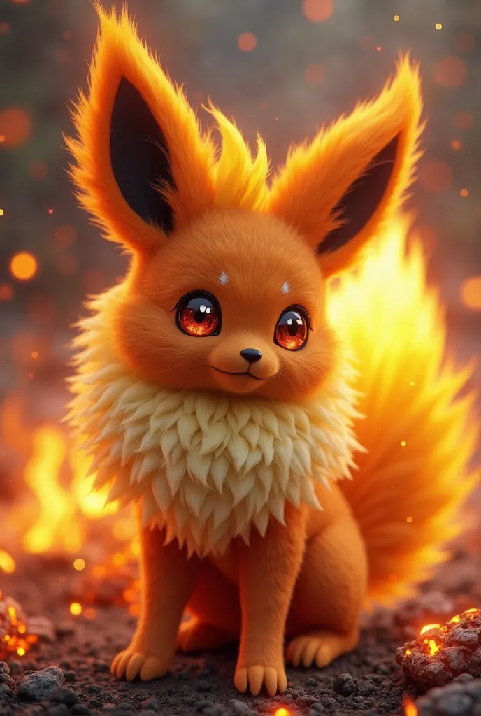 A hyper-realistic 3D render of Flareon, a fiery fox-like Pokémon with a fluffy and voluminous golden-yellow mane and tail, orange-red fur with a soft, slightly textured appearance, large pointed ears with black inner markings, and glowing ember-like deep r...