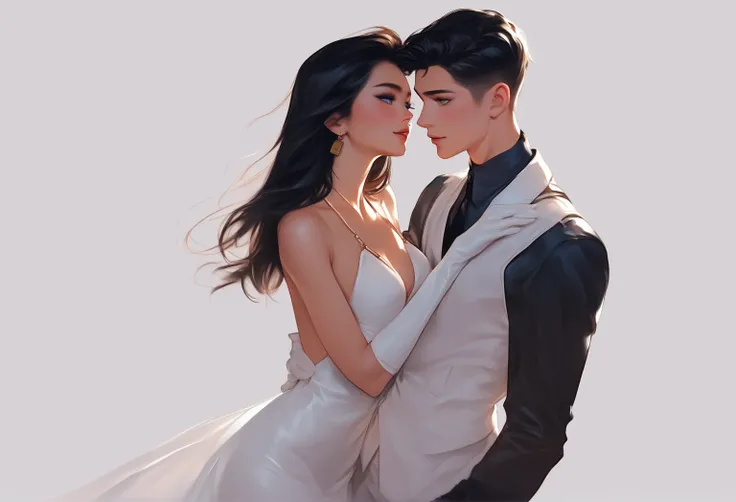 A couple, handsome black haired man wearing a suit, sculpted body, white skin, beautiful white haired blue eyed woman wearing a modern white dress, beautiful girl, intimate couple, white background