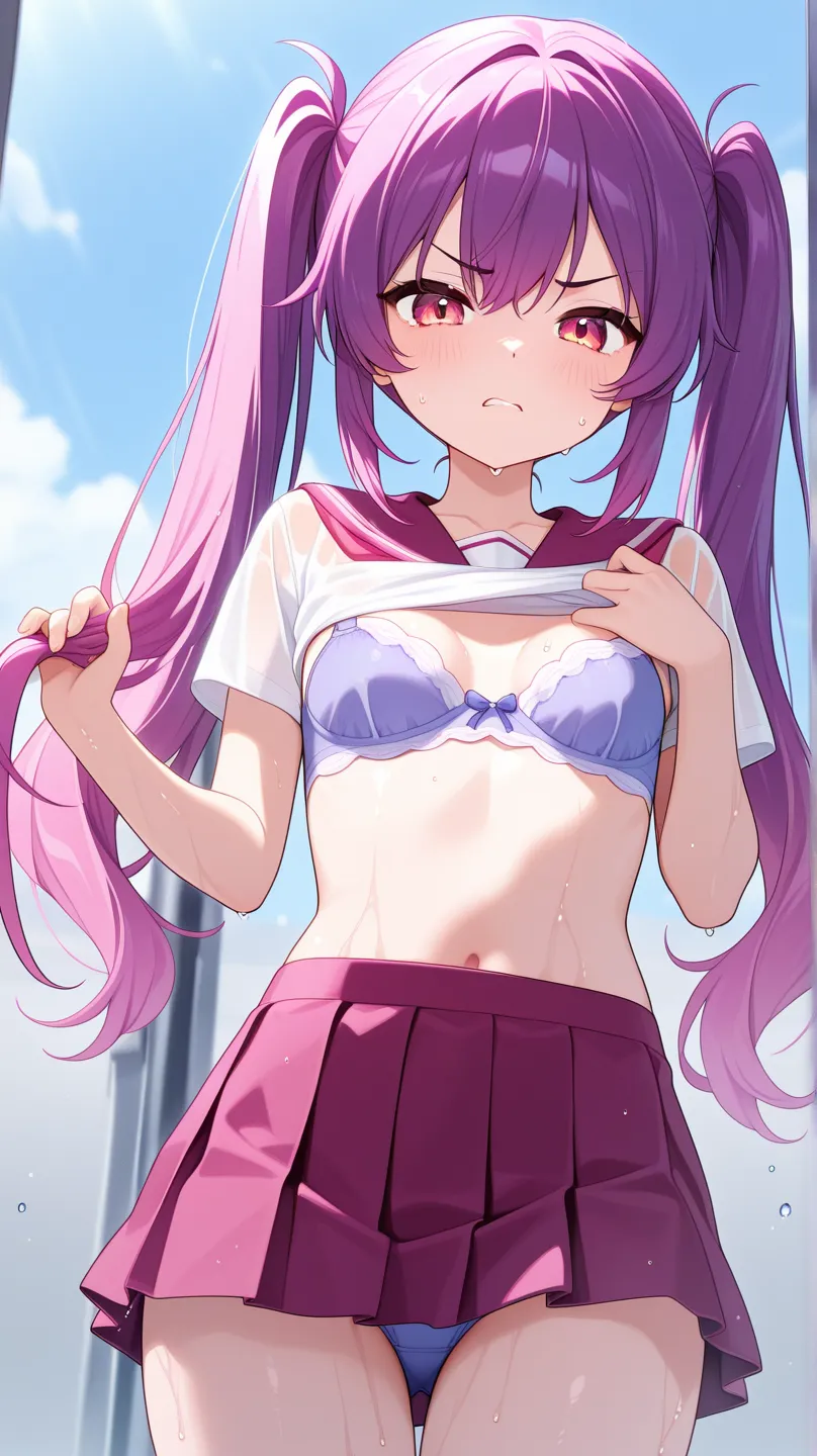 Lift clothes to chest、 long twin tails、 slightly angry face、 small breasts、 bra、 look at this sideways 、miniskirt、 panties visible 、I'm putting  on my chest、Wet with liquid