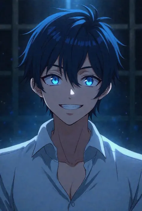 Man stand front the shadow, beautiful face, background is dark blue and black aura light, animé style, face close up,he smiling like a devil, dark blue hair and white hilight, light on he face, handsome and elegant, white shirt, shiny blue eyes, look like ...