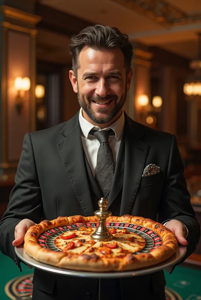 That he has a pizza and a casino roulette in his hands