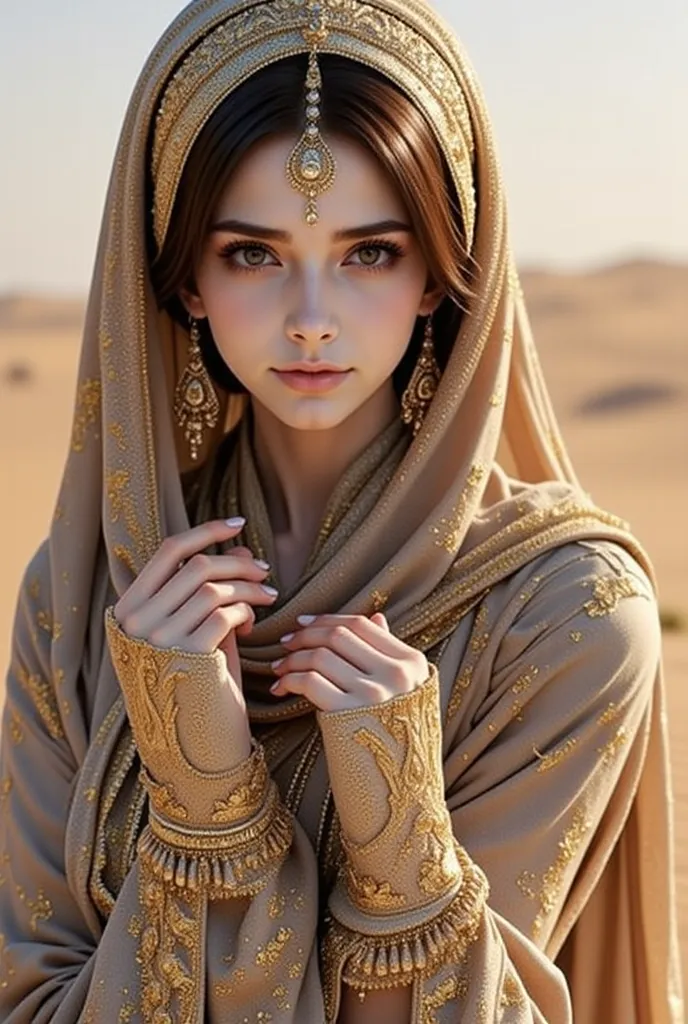 a hyper-realistic portrait of a woman adorned in intricate, ornate attire. She is wearing a luxurious, embroidered headscarf and veil that covers her face, leaving only her eyes visible. The fabric is adorned with gold embroidery and jewels, giving it an e...