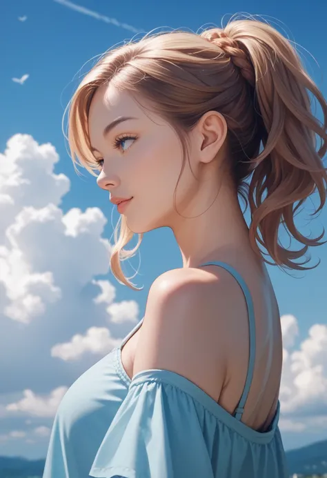 score_8_up, score_7_up, score_6_up, score_5_up, score_4_up, source_cartoon, anime_coloring, photorealism, from_side, 1girl, sky, cloud, blue_sky, sunbeam, peaceful