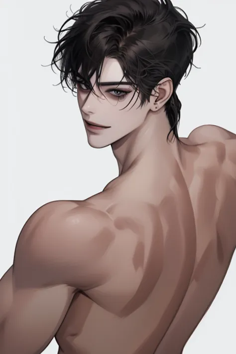 male, solo, adult, pale_skin, fair_skin, ((muscular)), tall,black hair, No decoration, (mullet hair), black eyes, tsurime, slanted_eyes, smile, illustration, upper_body, front view, standing, black_background, ((naked)), ((looking_back)), pov, (black_backg...