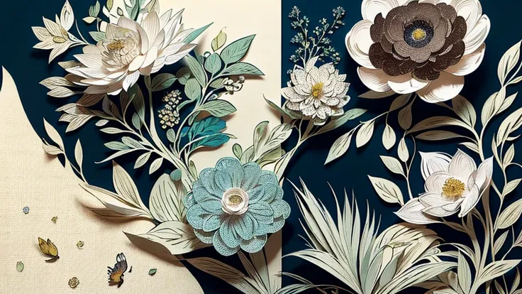 Slight vintage color,planar,,RISO print style,illustration,adolable,Leave white space,low-saturation,Lots of flowers，Individually arranged，leafs，branches，Printing， a sticker，Random distribution，Lovely drawing style， Color guide，Graphic design，Carpet patter...