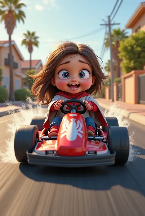 "A highly detailed, 3D-rendered, action-packed scene of chibi-style baby Spider-Man driving a fast racing go-kart with Jesus sitting behind him. Spider-Man, wearing his iconic red and blue suit, grips the steering wheel tightly, leaning forward with an exc...