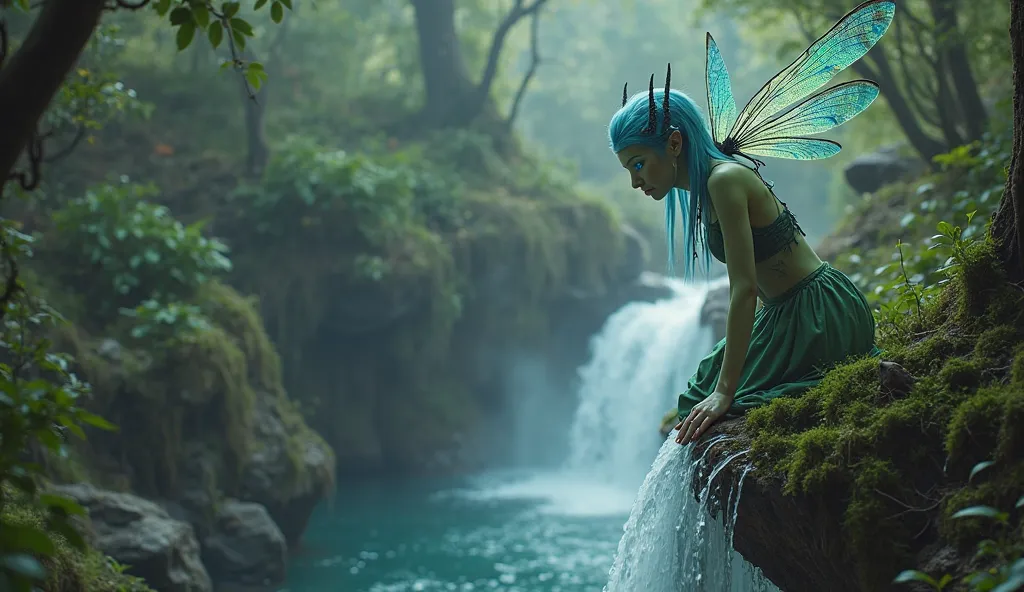  a photo realistic style image. An adult elven woman, light green skin, glowing blue eyes, Light blue hair, short black antennae on her head, iridescent dragonfly wings on her back, at the edge of a mystical forest flying above a small lake with a waterfal...