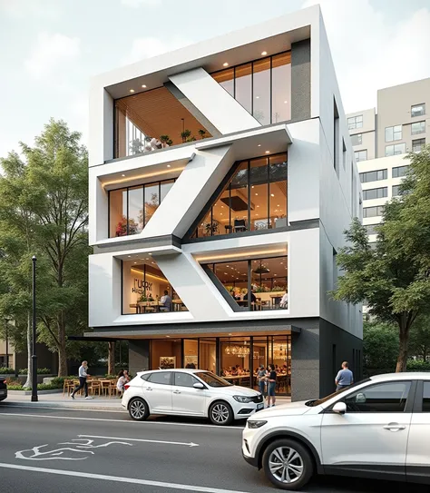 Restuarant facade architecture , a view of parametric 4th floors resturant facade with larg window , main material by glossy white wall and black stone and wood, RAW photo, real, best quality, masterpiece:1.2), look morden parametric , shime ring light, li...