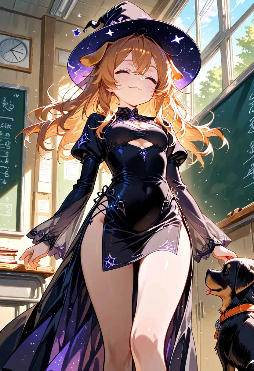 1girl, solo, loli, dog girl,
, long hair, messy hair , cleavage, floating hair, microskirt, witch, witch hat, long dress, black dress, no bra, no panties, see-through, underboob cutout, back cutout, black Puppy, 
happy, closed eyes, 

spring, day, school, ...