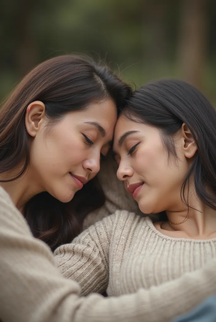 A close-up image of two women.  One woman, middle-aged, with dark brown hair, is gently resting her forehead on the head of a younger women who is in her mid thirties and has pakistani medium skin tone .  The younger woman has her eyes closed. The older wo...