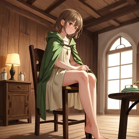 A highly detailed anime fantasy illustration depicting Mirien, a young woman with delicate features, sitting on the edge of a simple wooden bed in a fantasy setting.

She has beautiful brown eyes and medium-length, straight brown hair with slanted bangs fr...