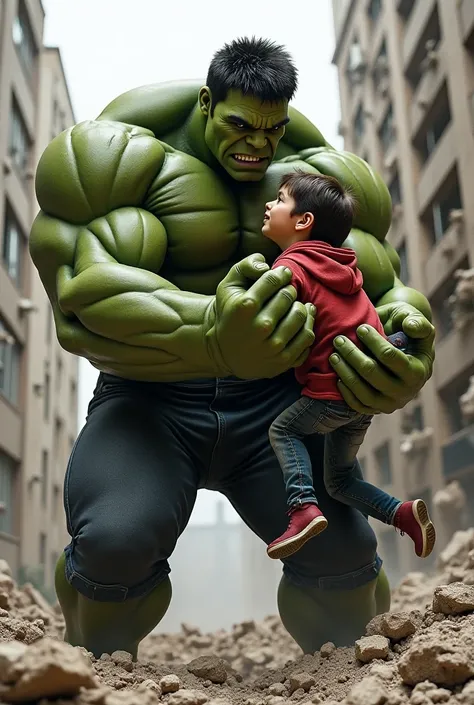 Hulk, using one massive hand, carefully lifts a small  while holding up the crumbling building with his other hand. His expression is both fierce and protective. The  clings to him, looking relieved. Broken concrete and dust surround them.