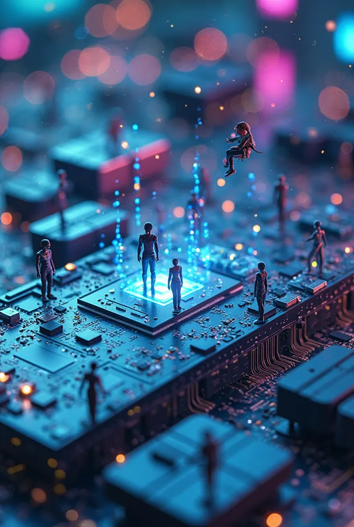 "A surreal, macro-style photograph depicting a colossal computer with a highly advanced artificial intelligence interface. Tiny, futuristic humans with sleek, cybernetic enhancements are working on the intricate circuits and glowing processors of the machi...