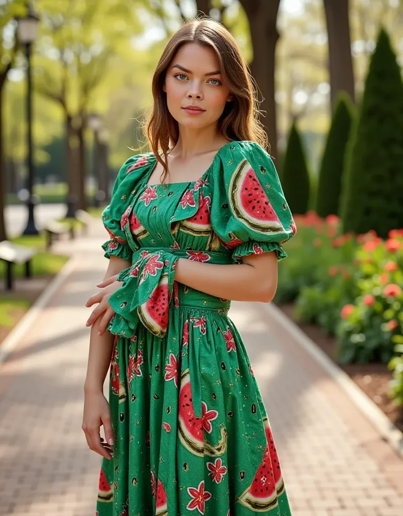 A candid yet refined photograph of a young woman with warm light-brown hair, slightly wavy at the ends, falling freely over her shoulders.

She wears a vibrant and whimsical dress that immediately draws attention with its intricate watermelon-inspired desi...