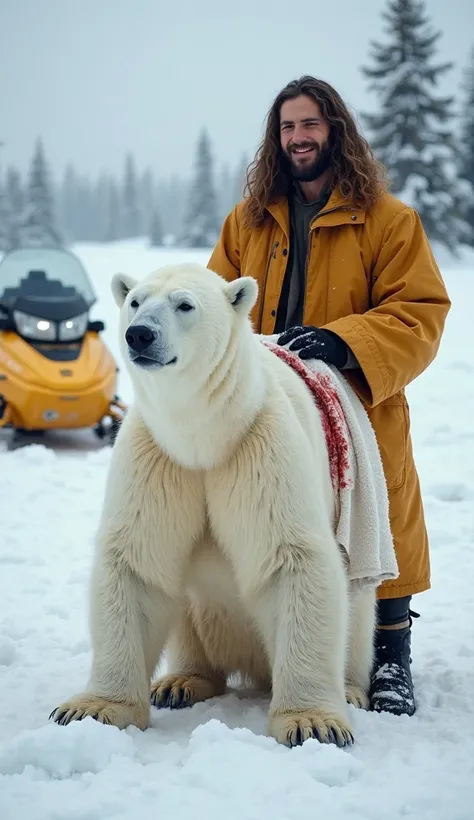 A polar bear stands on the snowy ground, its thick white fur partially covered by a white cloth with blood stains on the bear's back. The cloth is draped carefully over the bear’s wound, which is visible underneath. The bear looks calm, its expression neut...