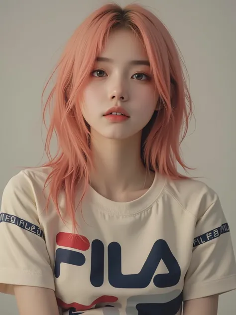 A realistic girl with Fila logo shirt, peach hair, long hair, black eyes