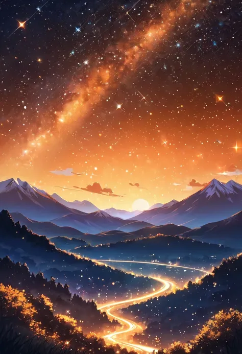 Sparkling orange starry sky landscape