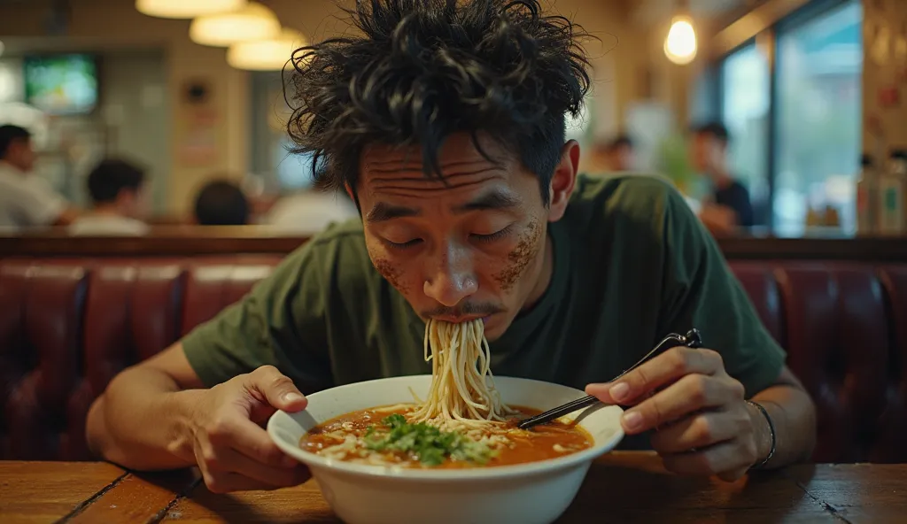 Image of a 30 year old Vietnamese man eating pho, his face dirty with black streaks because he hasn't washed it for a long time, his hair is messy and messy, he is devouring a bowl of pho, the scene is at a pho restaurant, the light is dim but highlights t...