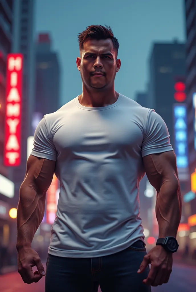 Generate a muscular image, with white t-shirt on top, background city lights 