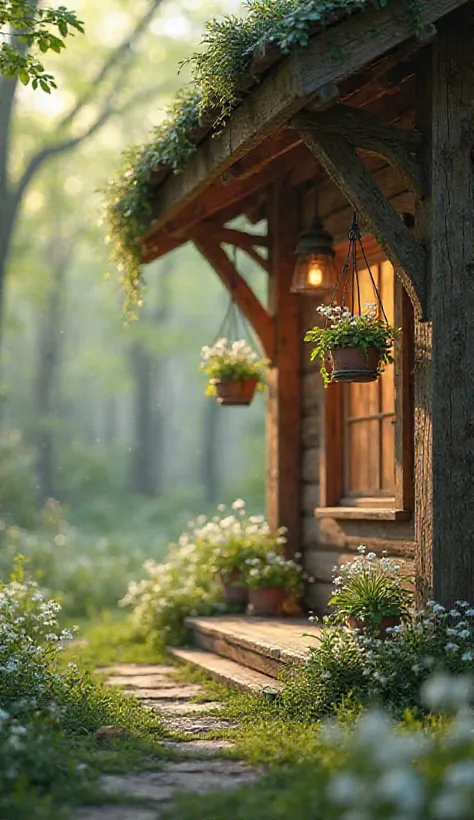 forest of early spring, rassaet, corner of a wooden summer house with a porch, on the wall hanging cachepots with snowdrops, hanging a burning lantern