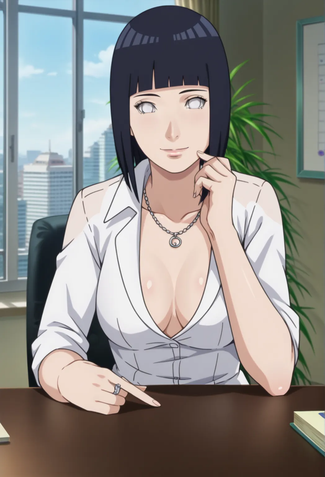 source_anime,screenshot de anime,anime coloring,intricate details,masterpiece,
  uncensored,
  mature female,
Hinata, Black hair, 1 , short hair, Medium breasts, fringe, blunt fringe,white eyes, defined eyes,((white dress shirt)),perfect anatomy, (Black st...