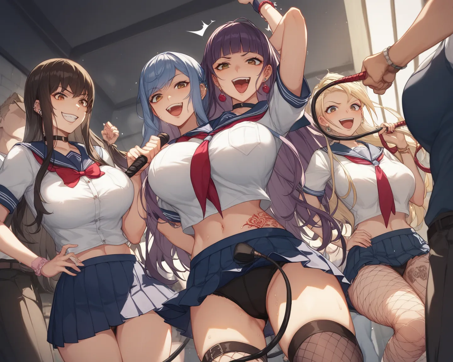 The background is a dark basement made of bricks 、4 women in their 20s with big breasts 、 Brown Eyes  、Yakumo Beni,  She is wearing a school uniform、fishnet tights, They have long whip in their hands、composition showing the floor from the ceiling 、cute ani...