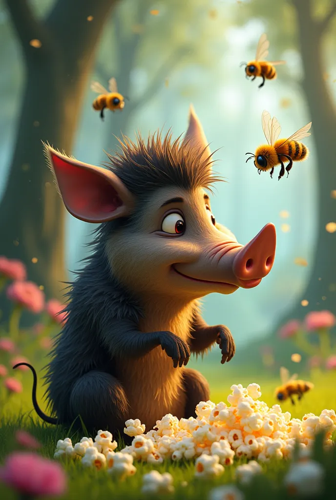 Wild boar sitting eating popcorn watching bees sting each other