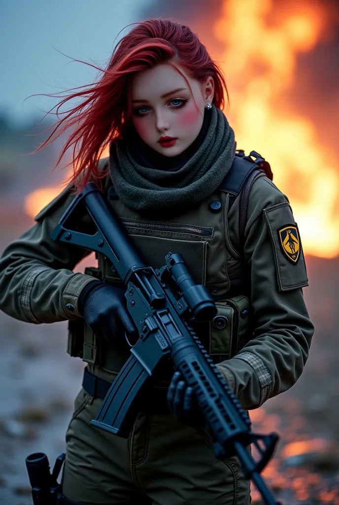 In this captivating image, Main female character ( Scarlett Johansson ) يظهر ثقة مشغل Call of Duty, He wears full tactical equipment for the Delta Forces, Armed with an AR-15,  combat posture , (Battle scene background), mid-body photo, sensory, Beautiful,...