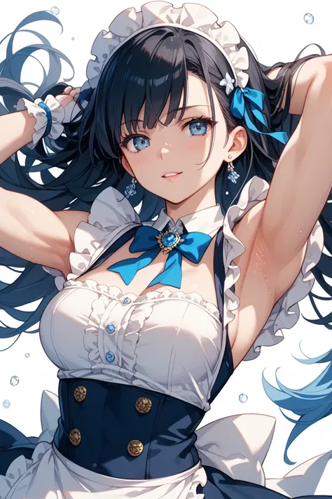 anime style、Pretty Girl、 muscular。A scene where a prestigious young lady in her 20s 。 has beautiful, smooth black hair 、 has a graceful and elegant demeanor 、is gentle and has inclusiveness。Eye color is blue（blue）。 
A scene where she smiles while being ash...