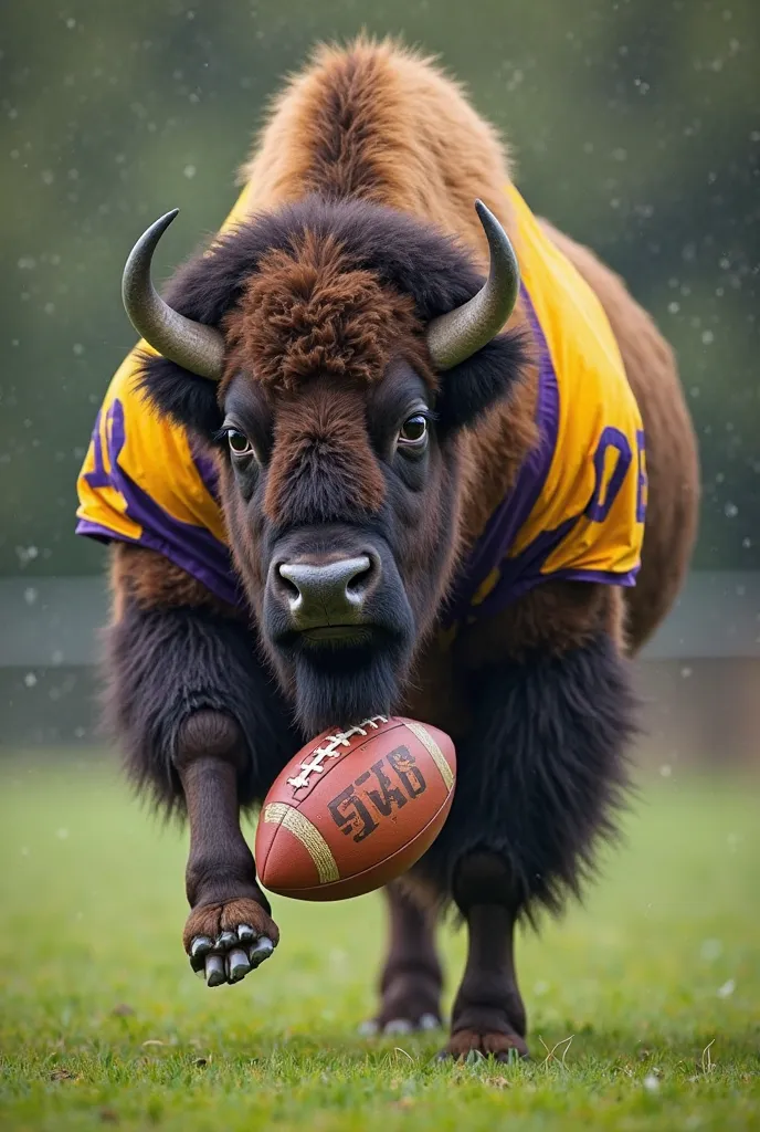 Bison with a ball for American football, wearing a ZUBRS yellow-purple t-shirt with the number 00