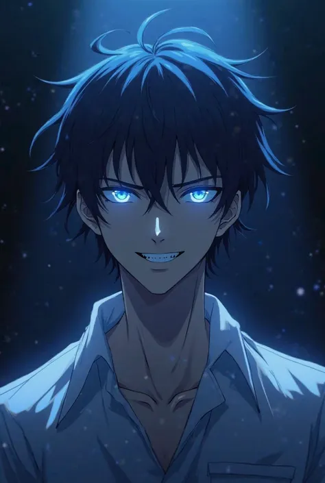  stand front the shadow, beautiful face, background is dark blue and black aura light, animé style, face close up,he  big smiling like a devil, dark blue hair and white hilight, light on he face, handsome and elegant, white shirt, shiny blue eyes, look lik...