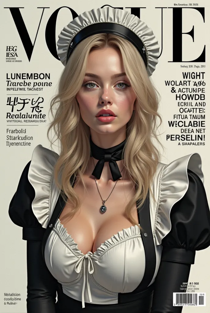 Create cover of fashion magazine with Ade de goddess of victory Nikke adolescent real woman hyperrealistic Hyperrealism as the protagonist of the cover and with background texts as if it were a real magazine.  outfit.  hyperrealism. live action magazine. b...