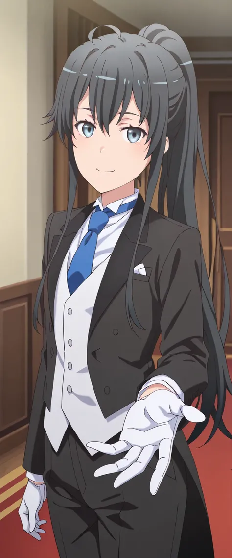 1girl, solo, yukinoshita yukino, suit tuxedo , , ponytail hair, bangs, sidelocks, indoors, standing,happy,smile,looking at viewer, cowboy shot, blue tie woman in formal attractive suit tuxedo tailcoat standing in a large alcove in the room, , reaching towa...